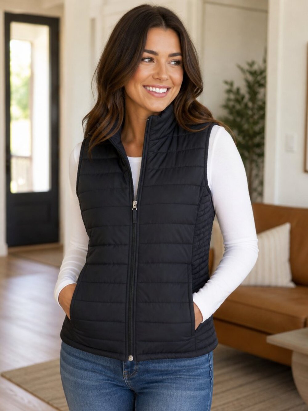 Lands End Women's Black Quilted Puffer Vest - Sleeveless Jacket Large